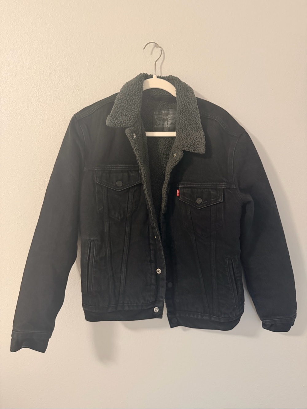 Levi's Black Denim Jacket with Gray Sherpa Collar